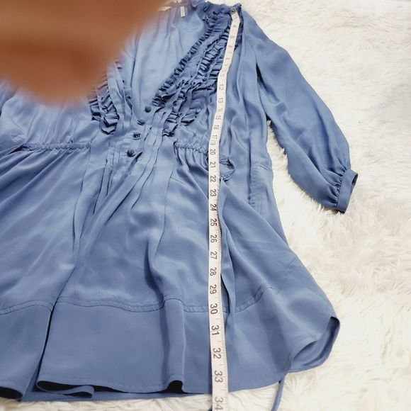 Rebecca Taylor silk ruffle shirt mini dress Top W/ Waist tie  blue size small 2 - Picture 9 of 16